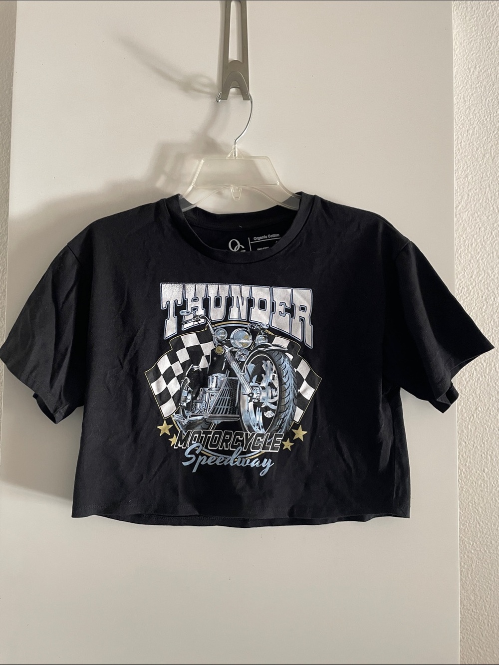 Pure Organic Cotton Black Moto Speedway Cropped Short Sleeve T Shirt Top
